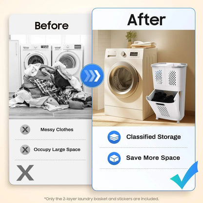 Multi-layer grey-white laundry basket with three removable hampers and four wheels for washable clothes organization