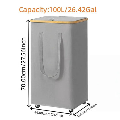 Large capacity foldable laundry basket with wheels and detachable liner in rectangular shape