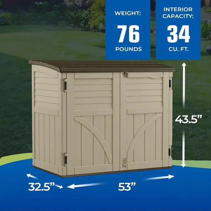 34 cu ft sand-colored horizontal outdoor resin storage shed with lockable lid