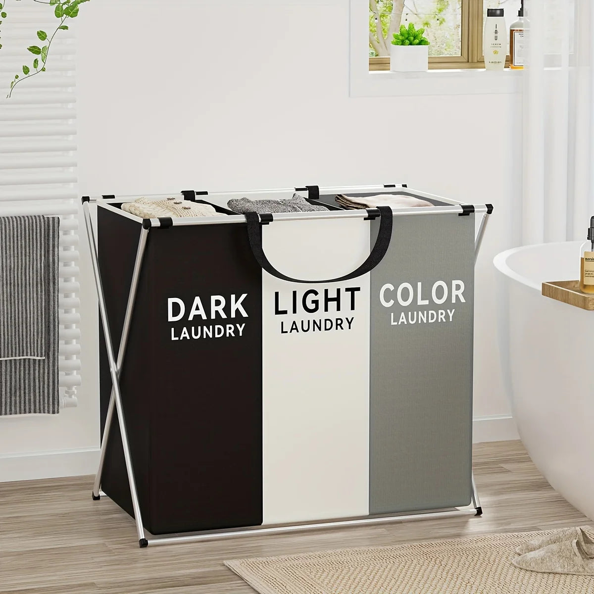 1 PC Large Foldable Laundry Hamper with 3 Divided Sections Dirty Cloth Storage Basket Classic Oxford Washing Bin for Home