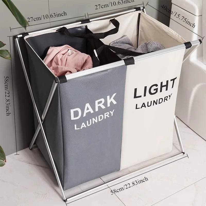 Large foldable laundry hamper with 3 sections divided for sorting clothes and home storage