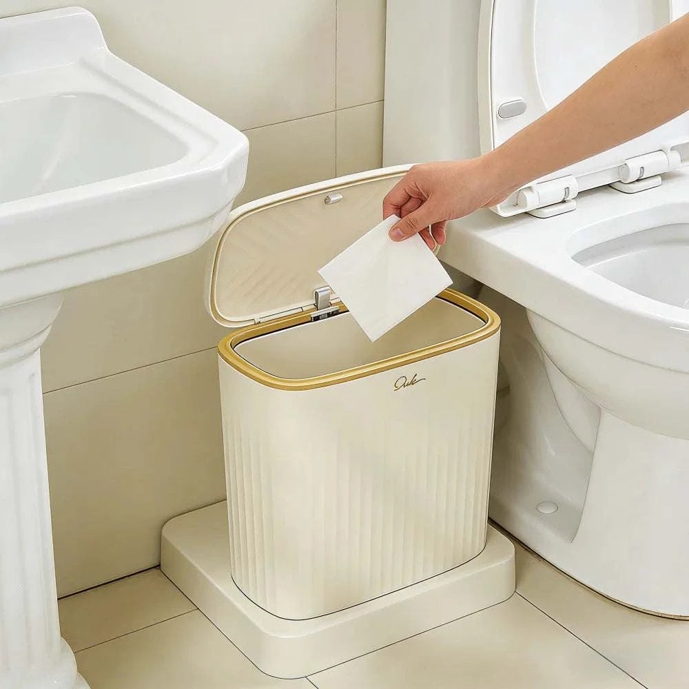 Beige gold trim narrow slim press-top lid trash can for bathroom and kitchen with large capacity