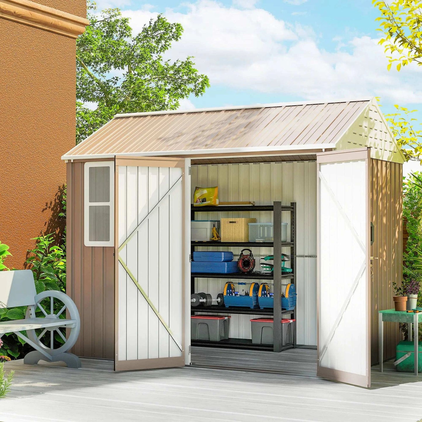 8' X 6' Outdoor Metal Garden Storage Shed W/ 2 Doors, Window, Sloped Roof Brown