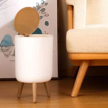 7L round wood grain trash can with legs and press lid, plastic Nordic style waste basket for bathroom and living room