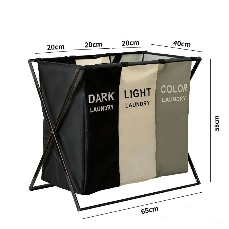 3 sections divided large foldable laundry basket with waterproof compartments for home storage