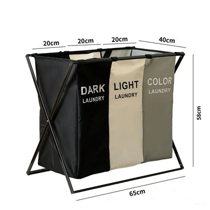 3 sections divided large foldable laundry basket with waterproof compartments for home storage