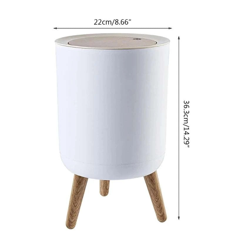 7L round wood grain plastic trash can with legs and press lid for bathroom and living room
