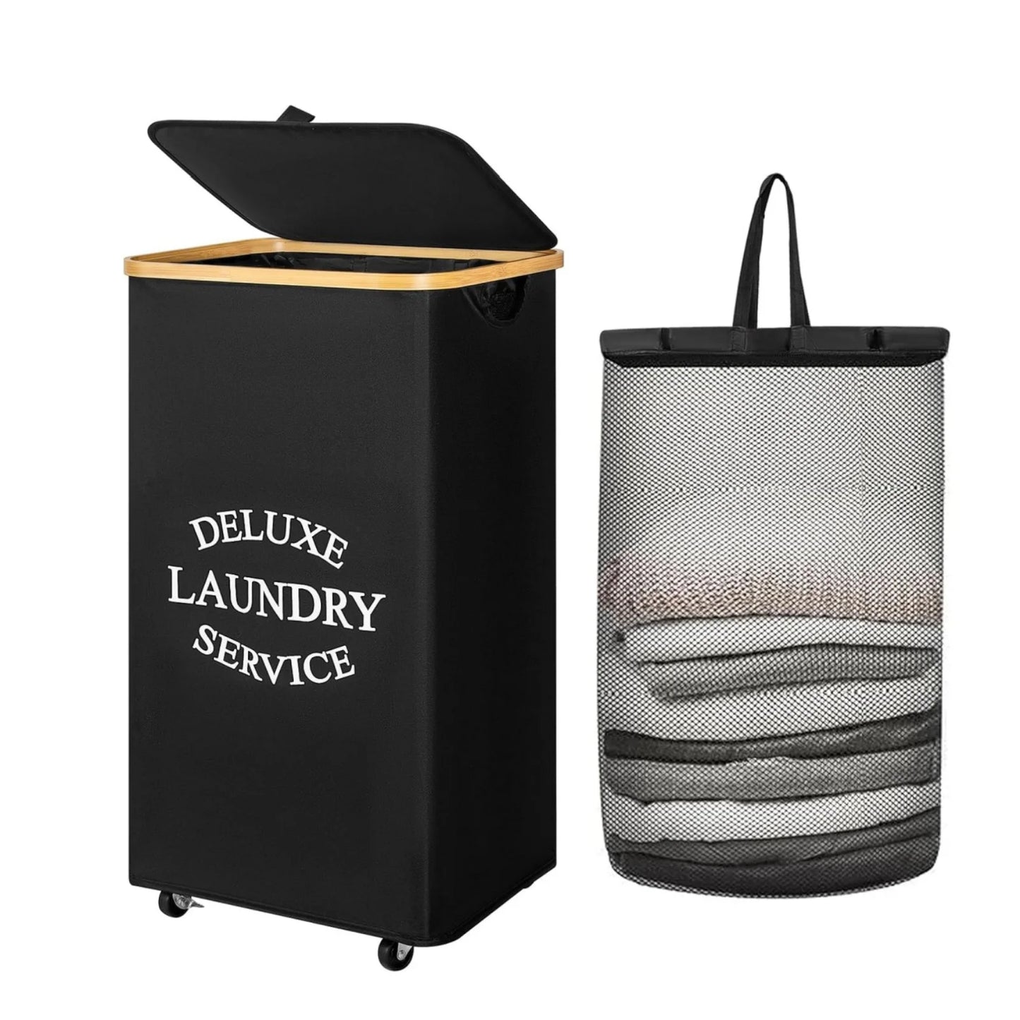 Large 100L Laundry Basket with Lid And Bamboo Handle - Folding with Removable Bag Modern Style Oxford Fabric Laundry Hamper