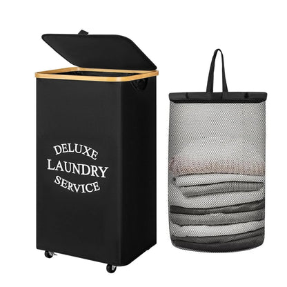 Large 100L Laundry Basket with Lid And Bamboo Handle - Folding with Removable Bag Modern Style Oxford Fabric Laundry Hamper