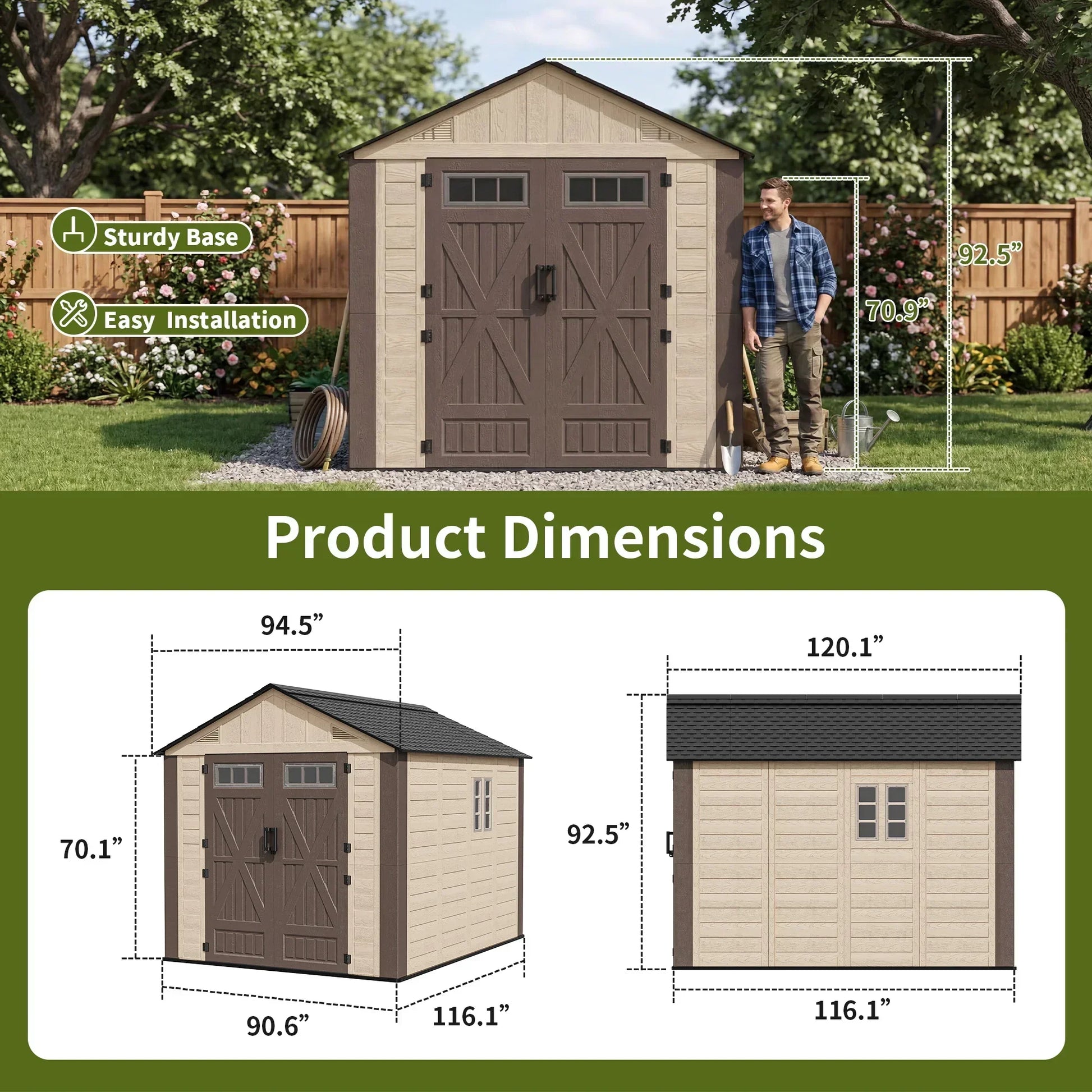 Polar Aurora outdoor resin storage shed with lockable door and windows in 8x10 feet size