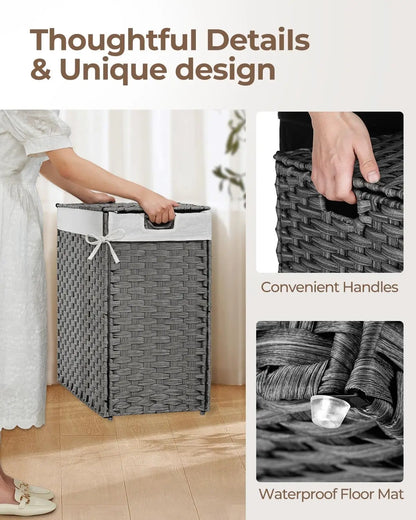 110L Foldable Wicker Laundry Hamper with 2 Removable Liners 2-Section Design Gray No Install Needed