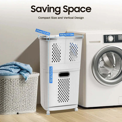 Multi-layer laundry basket on wheels with three breathable hampers and modern grey-white design for bedroom or laundry room organization