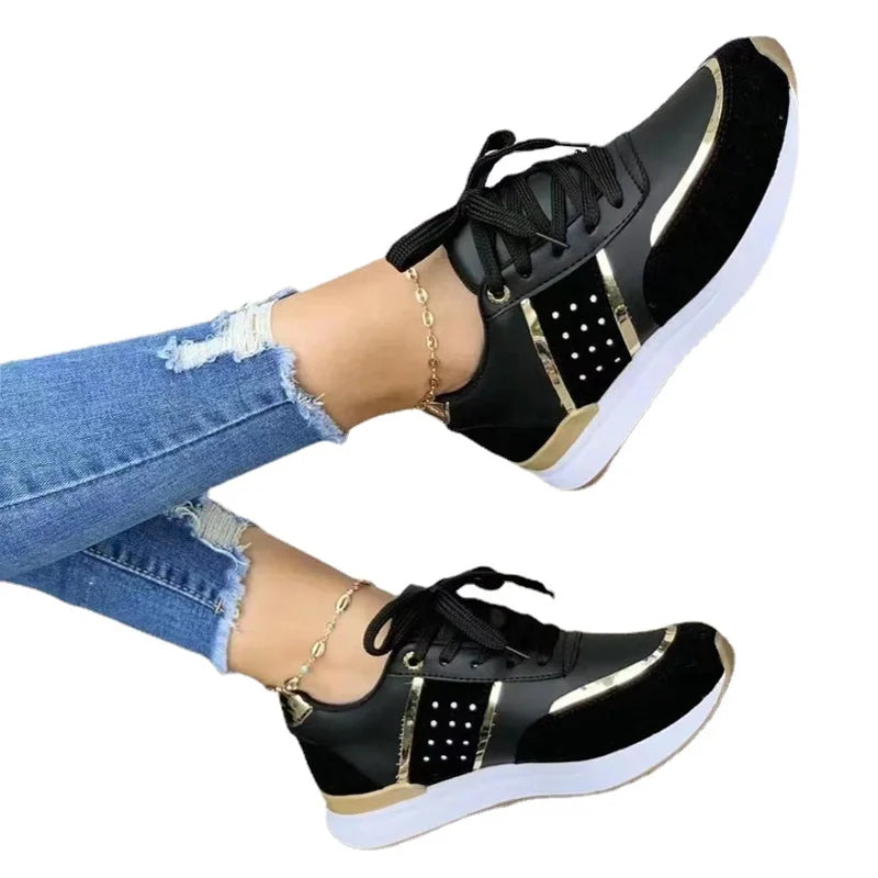 Sneakers Women Shoes Lace-Up Running Shoes Autumn Spring Leather Patchwork Female Casual Shoes Women's Vulcanized Shoes - Azobay