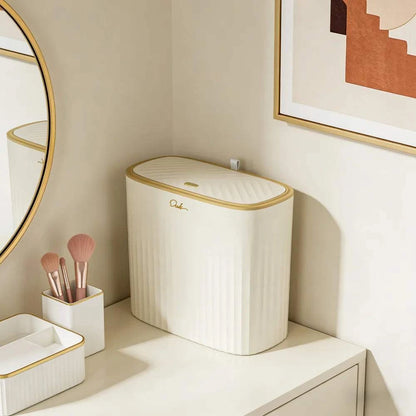 Beige gold trim narrow slim trash can with press-to-open lid for bathroom and kitchen, 13.5L large capacity, cream white with gold accents.