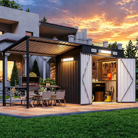 6x4 FT metal outdoor storage shed and hardtop gazebo combo with magnetic sensor lights and waterproof design