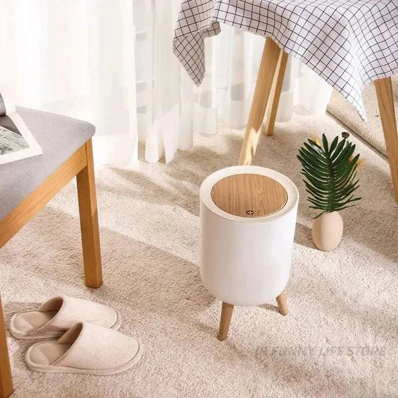 7L round wood grain plastic trash can with legs and press lid for bathroom and living room