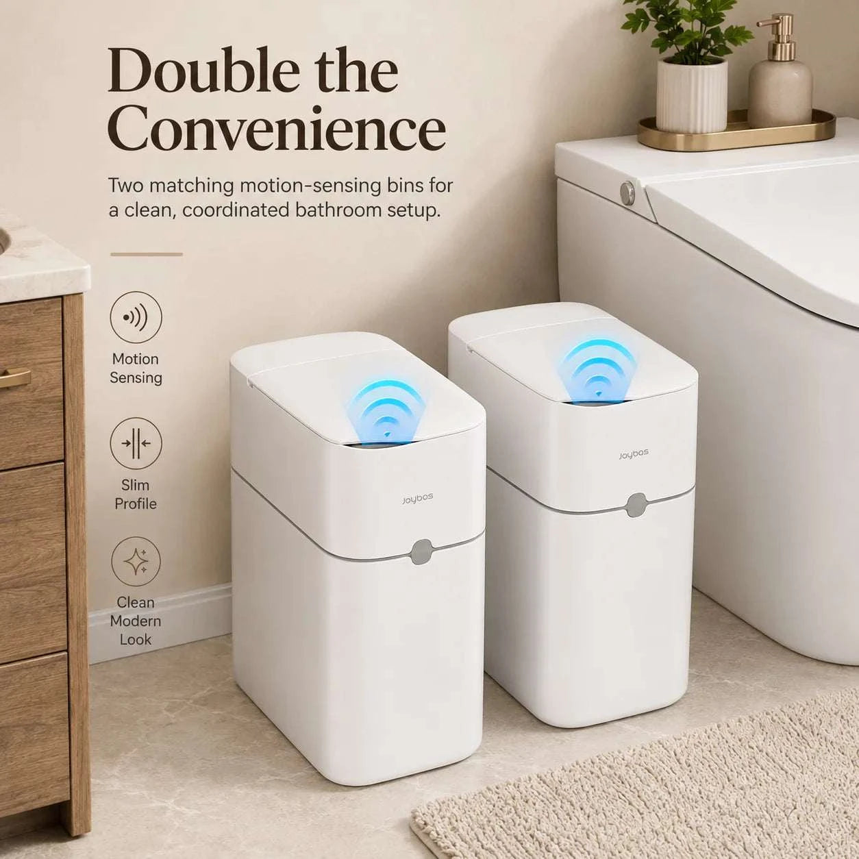 JOYBOS touchless trash can with motion sensor and auto bag-suction system, compact rectangular waste bin for small spaces