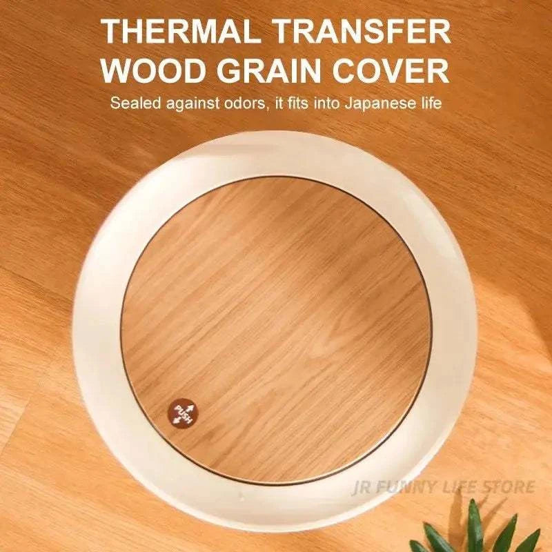 7L round wood grain plastic trash can with pressing lid and legs for bathroom or living room