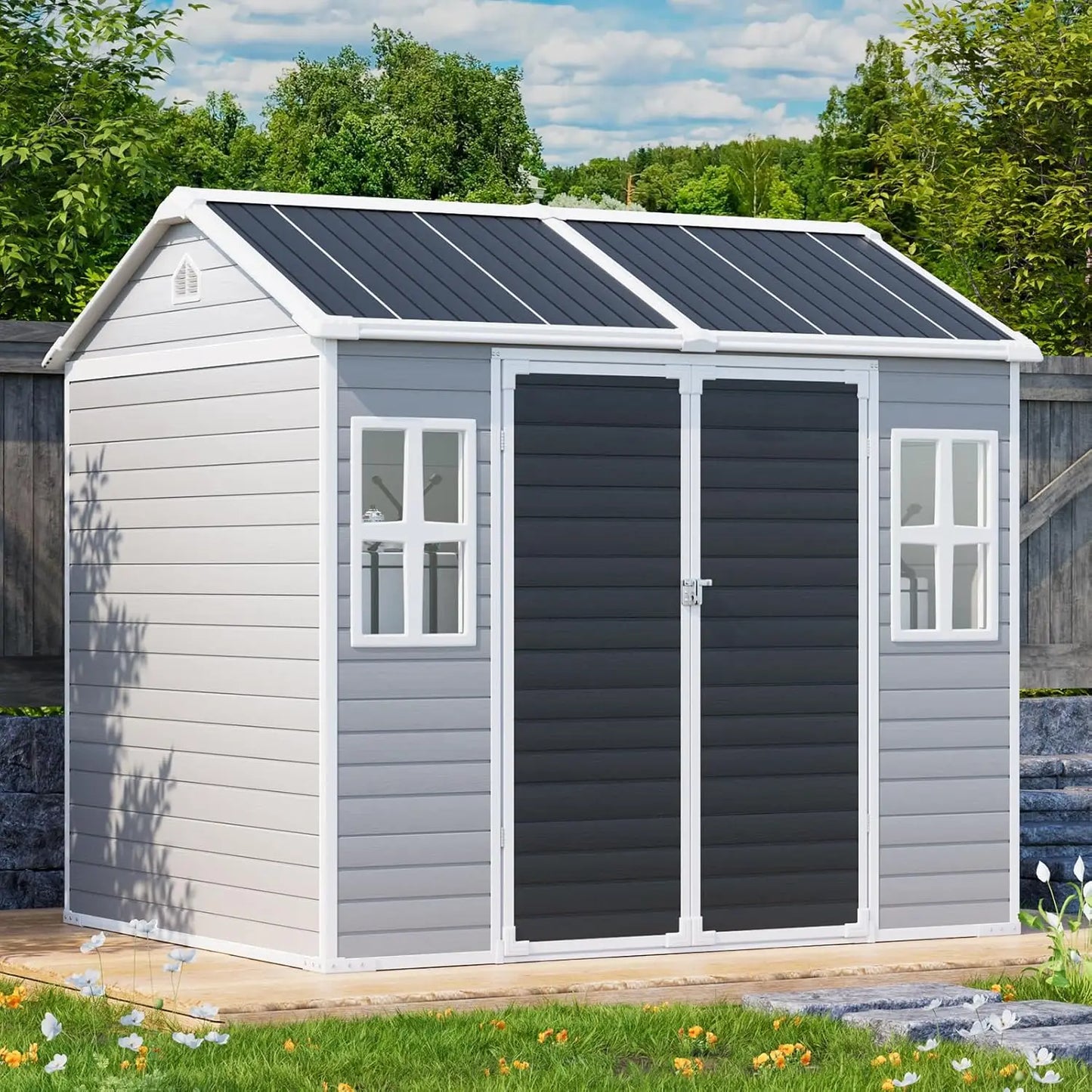 8x6 ft waterproof resin storage shed with floor, windows, and reinforced frame in wood-grain texture