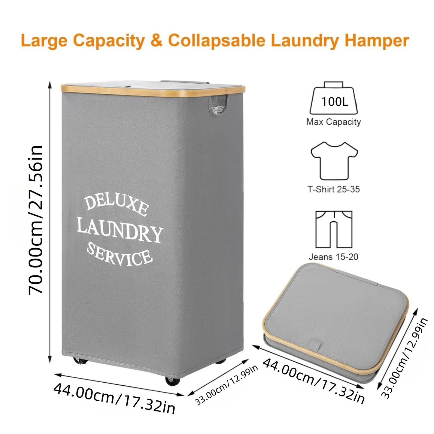 Large 100L Laundry Basket with Lid And Bamboo Handle - Folding with Removable Bag Modern Style Oxford Fabric Laundry Hamper
