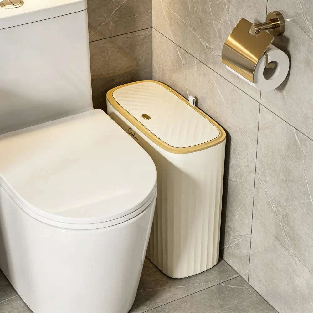 Beige gold trim slim press-top lid trash can with 13.5L capacity for bathroom and kitchen space-saving use