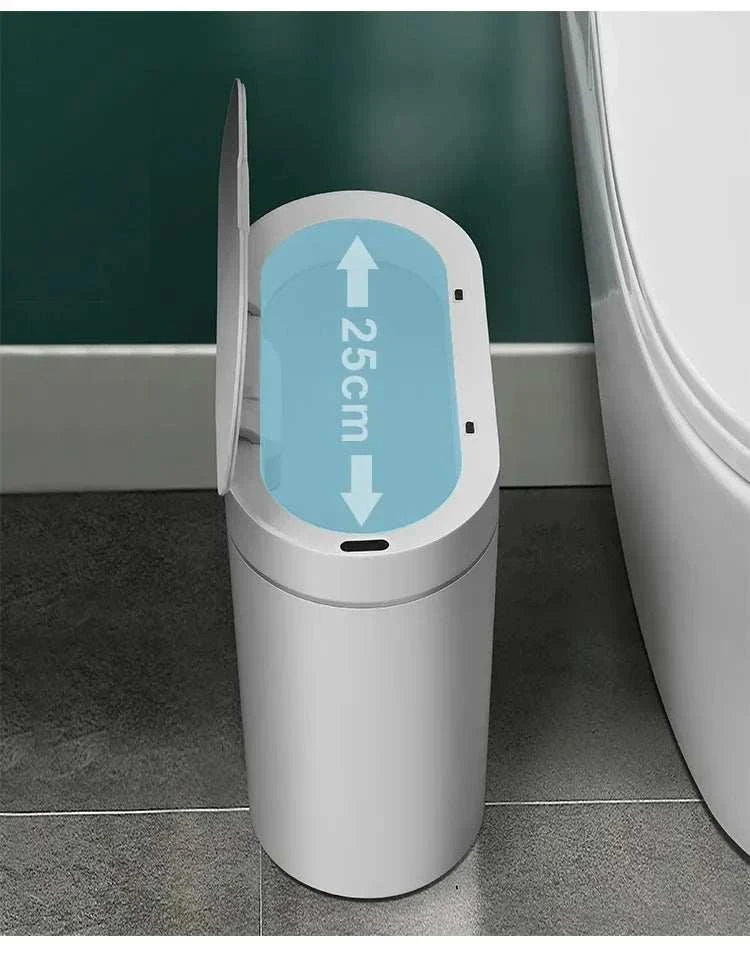 7L automatic touchless bathroom trash can with motion sensor and waterproof lid in white plastic